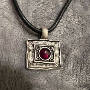 Lia Sophia Silver Tone, Black Cord, Adjustable Necklace, Red Cabochon, good con